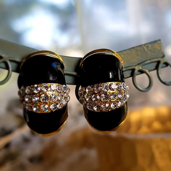 Black and Gold Enamel Clip-On Earrings with Rhinestones - Picture 8 of 10